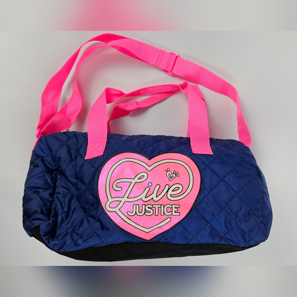 Justice Pink & Blue Quilted Live Justice Heart Sparkle Travel Dance Duffle Bag